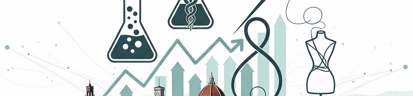 Panorama di Firenze con i simboli di farmaceutica, princ attivi e moda